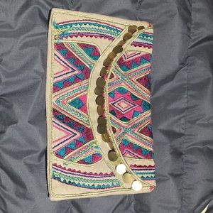 Summer Embroidered Linen Clutch Coin Trim Pink